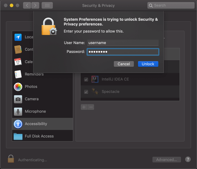 Authentication dialog
